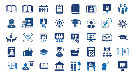 Collection of educational icons depicting learning knowledge and academic pursuits in blue color scheme
