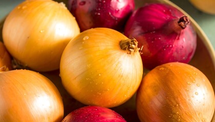 Yellow and red onions in a bowl, glistening with moisture