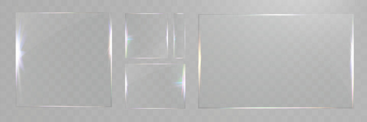 Transparent glass frame set isolated, realistic clear plastic film border, shiny glare overlay, vector template for photo decoration.
