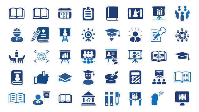 Collection of educational icons depicting learning knowledge and academic pursuits in blue color scheme