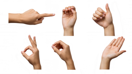 Hand gestures set six poses soft matte isolated on transparent background