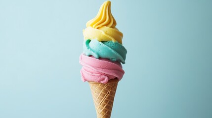 Delicious three-scoop ice cream cone with yellow, turquoise, and pink layers in a waffle cone against a light blue background.