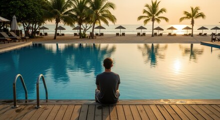 Fototapeta premium Man sits by poolside at tropical resort, enjoying serene vacation with beach views at sunset