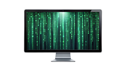Modern computer monitor displaying the matrix code isolated on transparent background, showcasing digital technology and cyber security in a studio shot