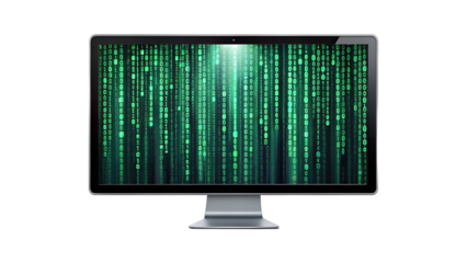 Modern computer monitor displaying the matrix code isolated on transparent background, showcasing digital technology and cyber security in a studio shot