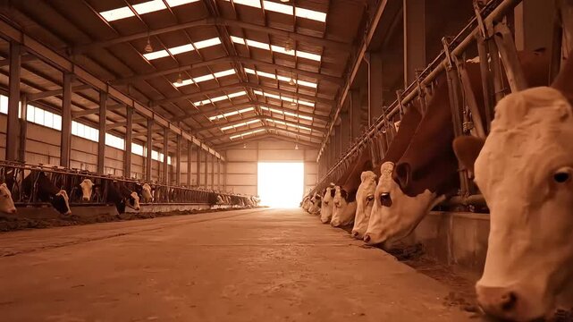 Massive Barn Feeding Aisle with Simmental Cows in Warm Light - AI Generated