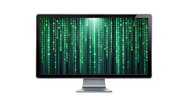 Modern computer monitor displaying the matrix code isolated on transparent background, showcasing digital technology and cyber security in a studio shot
