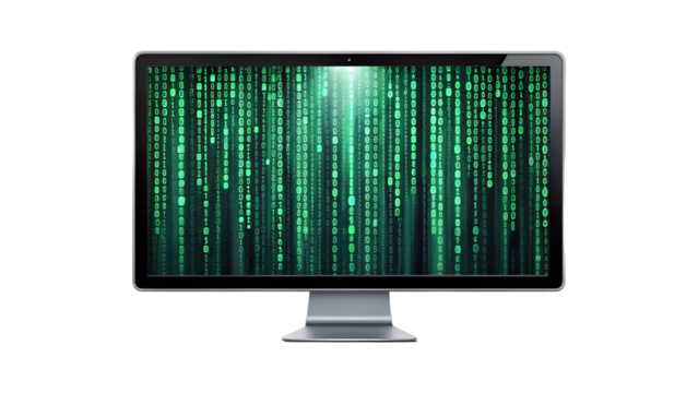 Modern computer monitor displaying the matrix code isolated on transparent background, showcasing digital technology and cyber security in a studio shot