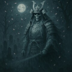 Obraz premium Spectral Samurai Lord Standing in a Mist-Soaked Graveyard Under Falling Cherry Blossoms