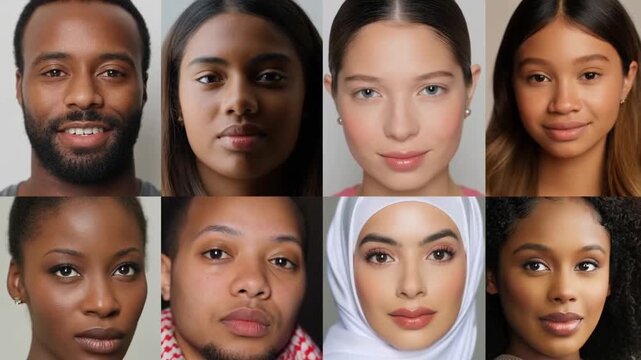 Diverse group of people representing various ethnicities and genders standing together, embodying multicultural harmony and social inclusivity against neutral background