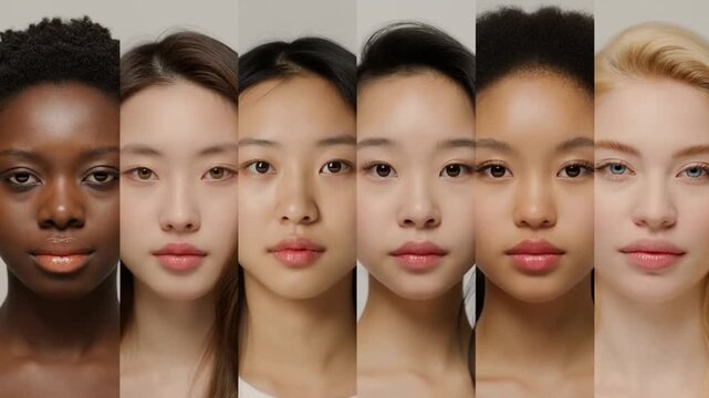 Diverse women representing multiple ethnicities posing serenely against neutral background, creating inclusive visual composition highlighting beauty and multicultural connections