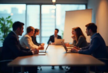 Generative AI: Blurred Business Meeting in Modern Office Setting with Laptops and Team Discussion