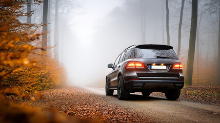 Black SUV driving through misty autumn forest road