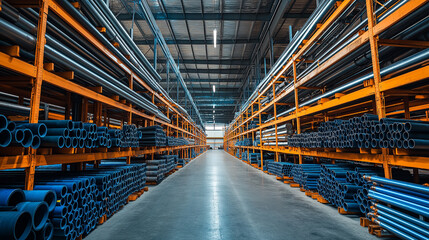Fototapeta premium warehouse with pipes on racks, large warehouse storing plastic sewer pipes, large pipe drill for plumbing,generative ai