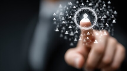 Hand targeting a person icon, surrounded by many small icons