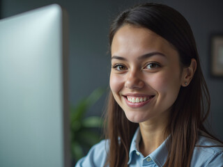A young woman appears smiling in front of a computer screen, showcasing her engagement with technology and modern life, reflecting the evolving relationship