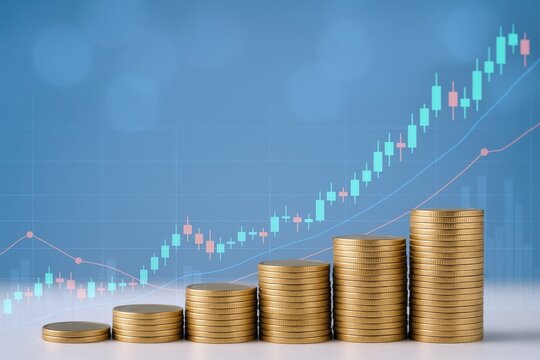 Stack of Gold Coins Charting Financial Growth and Investment Success on Blue Graph Background