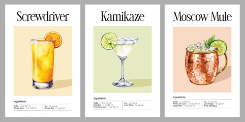 Watercolor cocktail poster set featuring Screwdriver, Kamikaze, and Moscow Mule recipes poster with citrus garnish and ice, artistic illustrations in vibrant refreshing style.