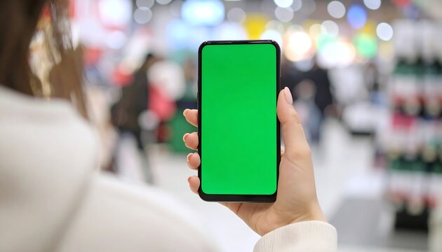 Woman holding smartphone with green screen in store