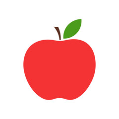 The apple is red with a leaf, isolated on a white background. Graphic simple color illustration of a fruit, flat design, vector. Decorative background element, icon, logo for label, decoration, design