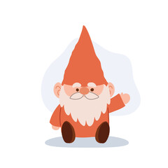 cute sitting gnome character in red outfit waving hand vector for kids and fairytale art