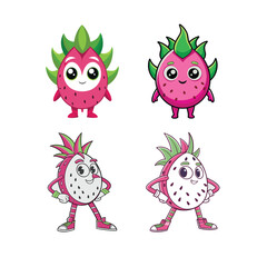 Fototapeta premium Four cartoon dragon fruit characters on white background