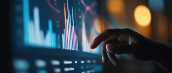 The hand interacting with a data visualization on a digital screen