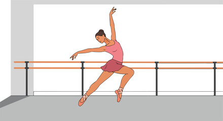 Obraz premium Ballerina in a studio leaps gracefully, wearing a pink leotard & skirt, poised elegantly