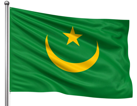 Mauritania Flag with Green Field and Gold Crescent Star, isolated on transparent background.