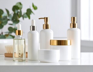 Naklejka premium White cosmetic containers with gold accents sit on a counter, next to a brush and greenery