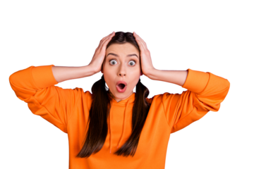 Portrait of impressed disappointed youth girl scream omg hear terrible news novelties wear sportive outfit isolated over violet purple bright color background
