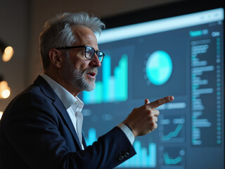 An elderly caucasian man is presenting data on a digital screen, illustrating the intersection of technology and the aging population while 