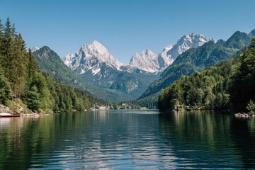 Lake Surrounded by Forest and Snowcapped Mountains