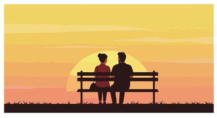 Obraz premium Sunset bench couple gazes at warm horizon, sharing quiet moment on bench at dusk