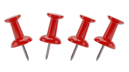 Four shiny red push pins with sharp metal points isolated on transparent background