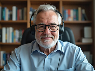 An elderly man wearing headphones smiles while sitting at a desk with shelves of books in the background, reflecting the blend of technology and aging in modern society