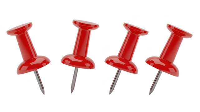 Four shiny red push pins with sharp metal points isolated on transparent background