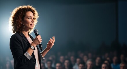 Confident woman speaker addressing audience with microphone on stage