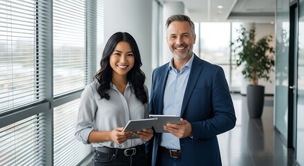 Diverse business colleagues smiling and holding a tablet in a modern office hallway