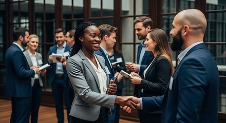 Diverse group of professionals shaking hands and networking at a business event