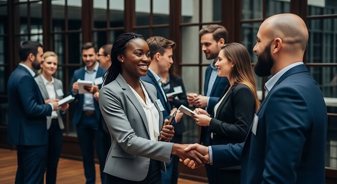 Diverse group of professionals shaking hands and networking at a business event - Powered by Adobe