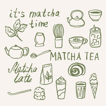 Hand drawn doodle matcha tea elements
