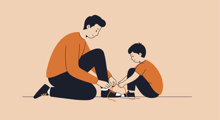Tying shoes. A father is tying his child's shoelaces, helping them learn