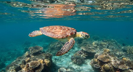 Obraz premium Sea Turtle Gliding Over Coral Reef in Clear Blue Ocean Water