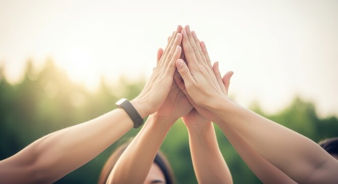 Team Celebration: Diverse Hands Joining in High Five, Symbolizing Unity and Success Outdoors - Powered by Adobe