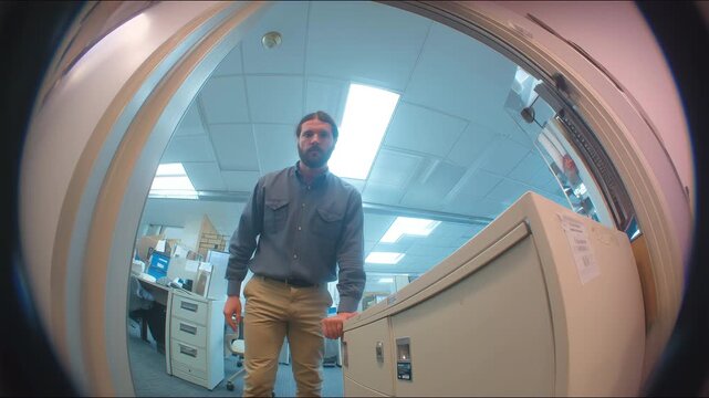 Fisheye POV from inside a filing cabinet as male worker with a beard peers inside then walks away.