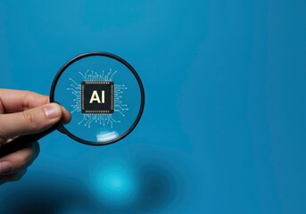 A magnifying glass held by a hand reveals a black chip with the letters AI on it against a blue background