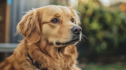 Golden retriever with expressive gaze captures joy in outdoor setting and moments of companionship