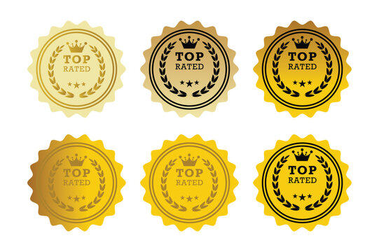 Top rated award badges with crowns and laurel wreaths. Vector illustration of six golden top rated award badges - Powered by Adobe