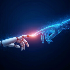 AI technology with Hands of robot and human touching on big data network connection background, Science and artificial intelligence technology, innovation and futuristic. Machine learning